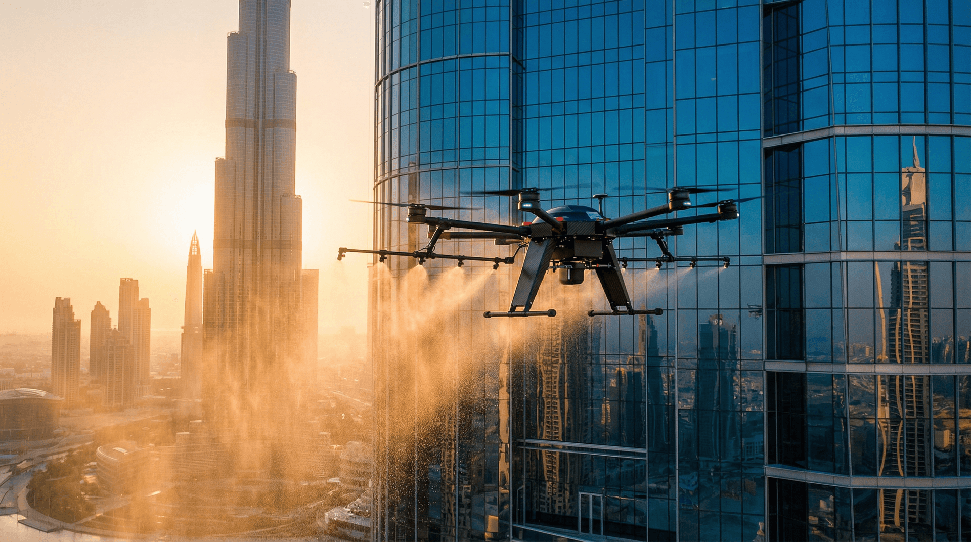 AI drone cleaning glass facade of Dubai skyscraper